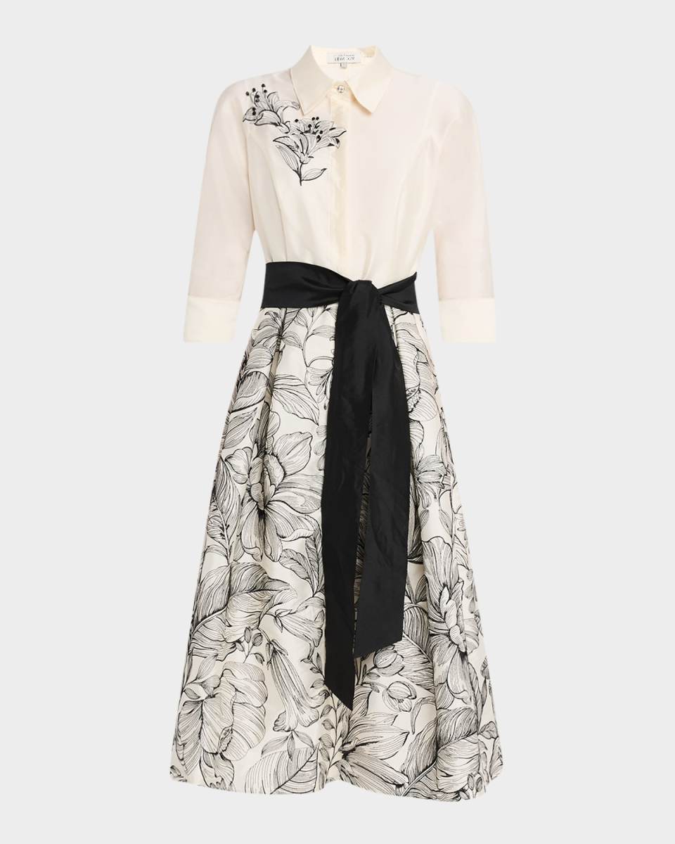 Beaded Floral-Embroidered Midi Shirtdress